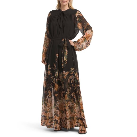 NANCY YANG Black Long Sleeve Printed Maxi Dress - Picture 1 of 2
